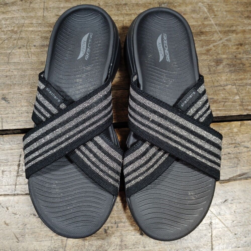 Skechers Sz 8 Go Walk Sandals Mesh Gore Cross Band Shoes Black Silver Slip On
